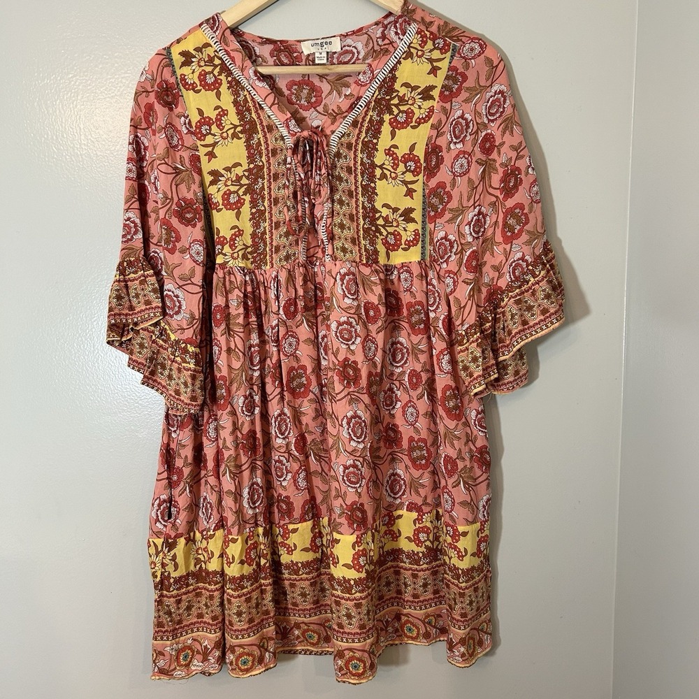 UMGEE Mini Dress Women's Medium Floral Bohemian Bell Sleeve Festival Fairy